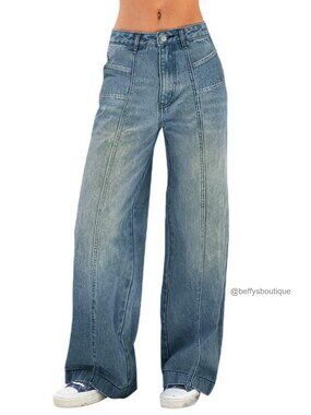 Women's Wide Leg Baggy High Rise Stretch Boyfriend Denim Jeans Pants